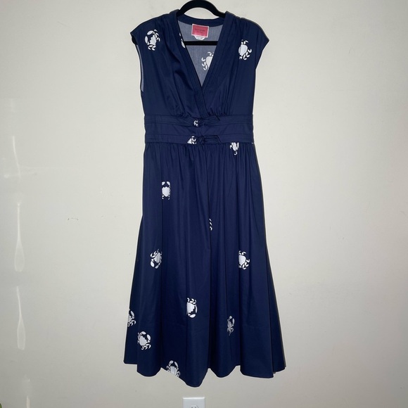 Kate Spade Poplin Bow Navy Crab Print Midi Dress Sz 4 NAVY Blue V-Neck Pockets - Picture 5 of 16